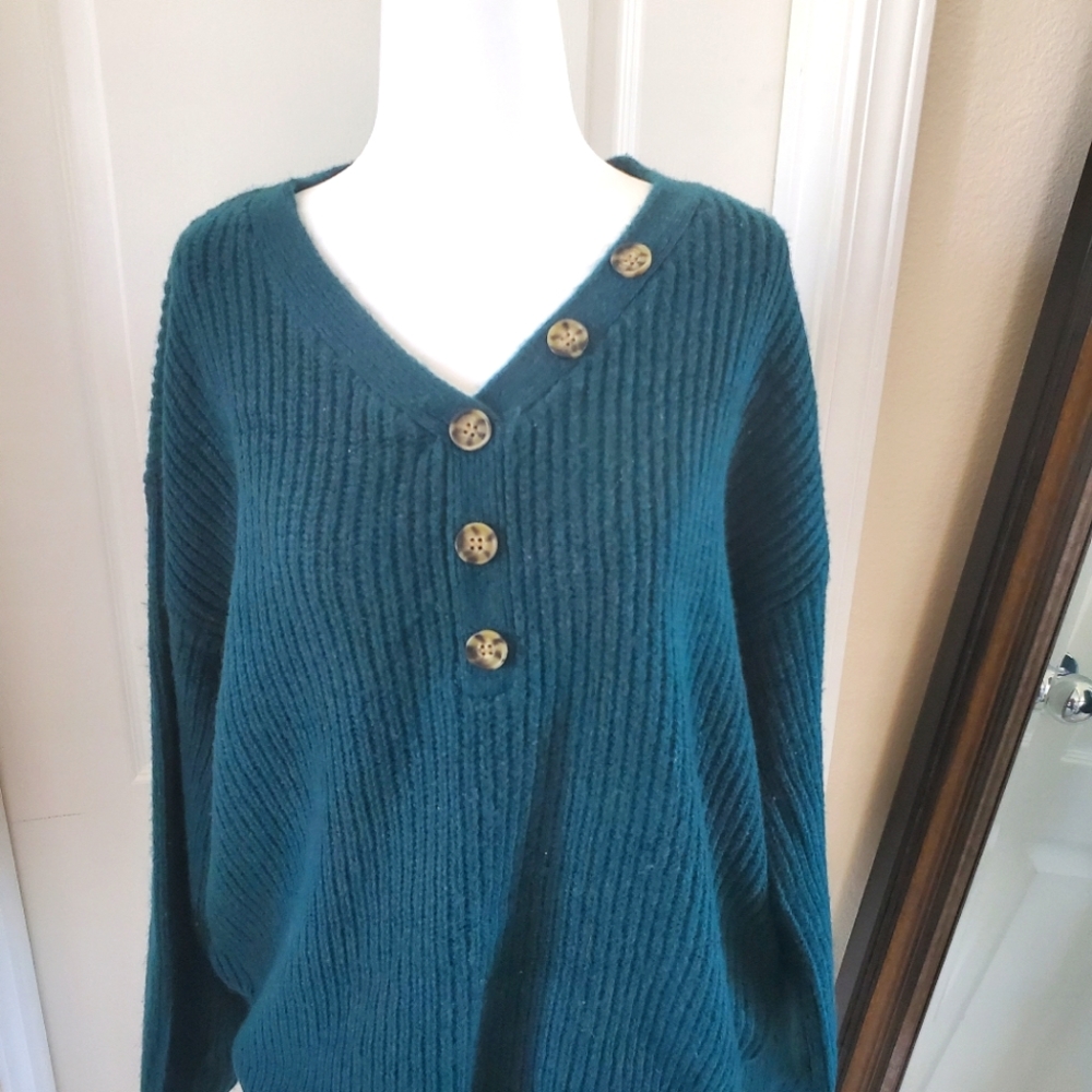 Teal oversized knit v neck button sweater